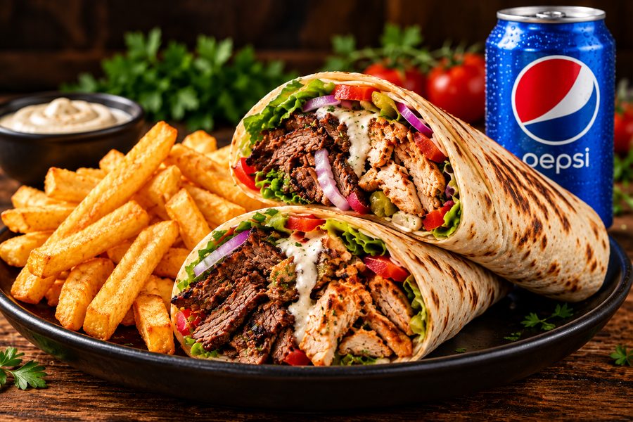 Mixed chicken and lamb shawerma wrap with chips, garlic dip and a can of Pepsi